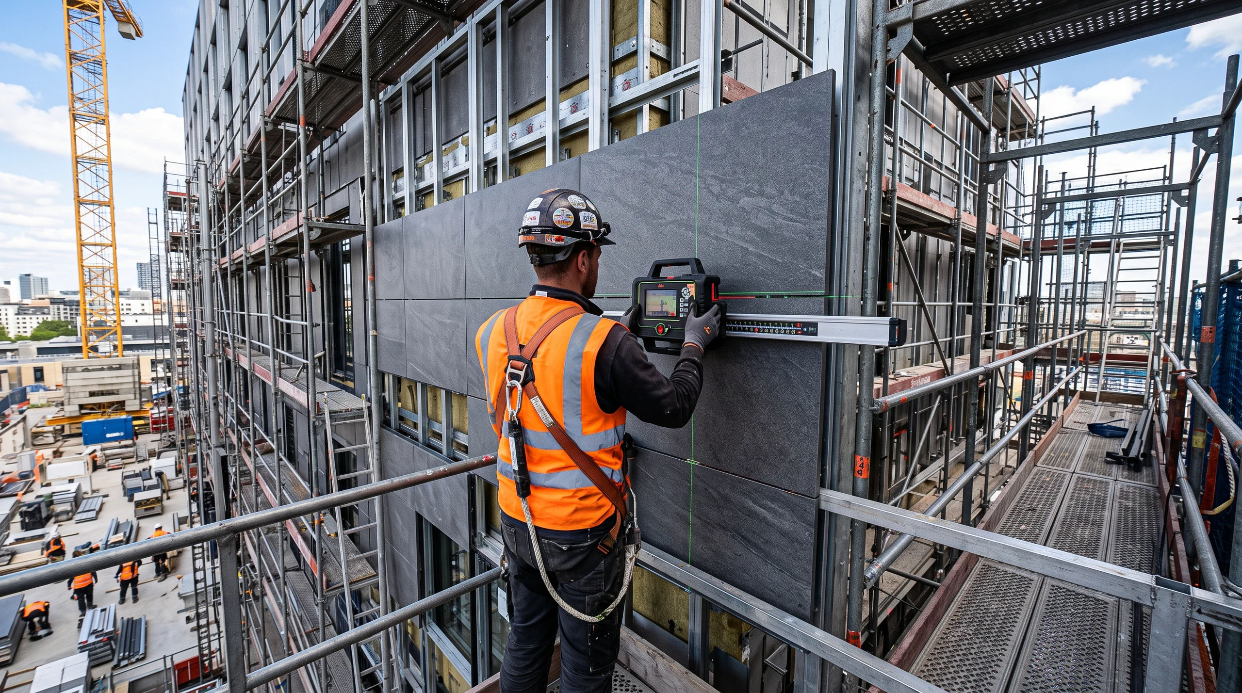 Facharbeiter bei der Installation von Großformatfliesen an einer Gebäudefassade