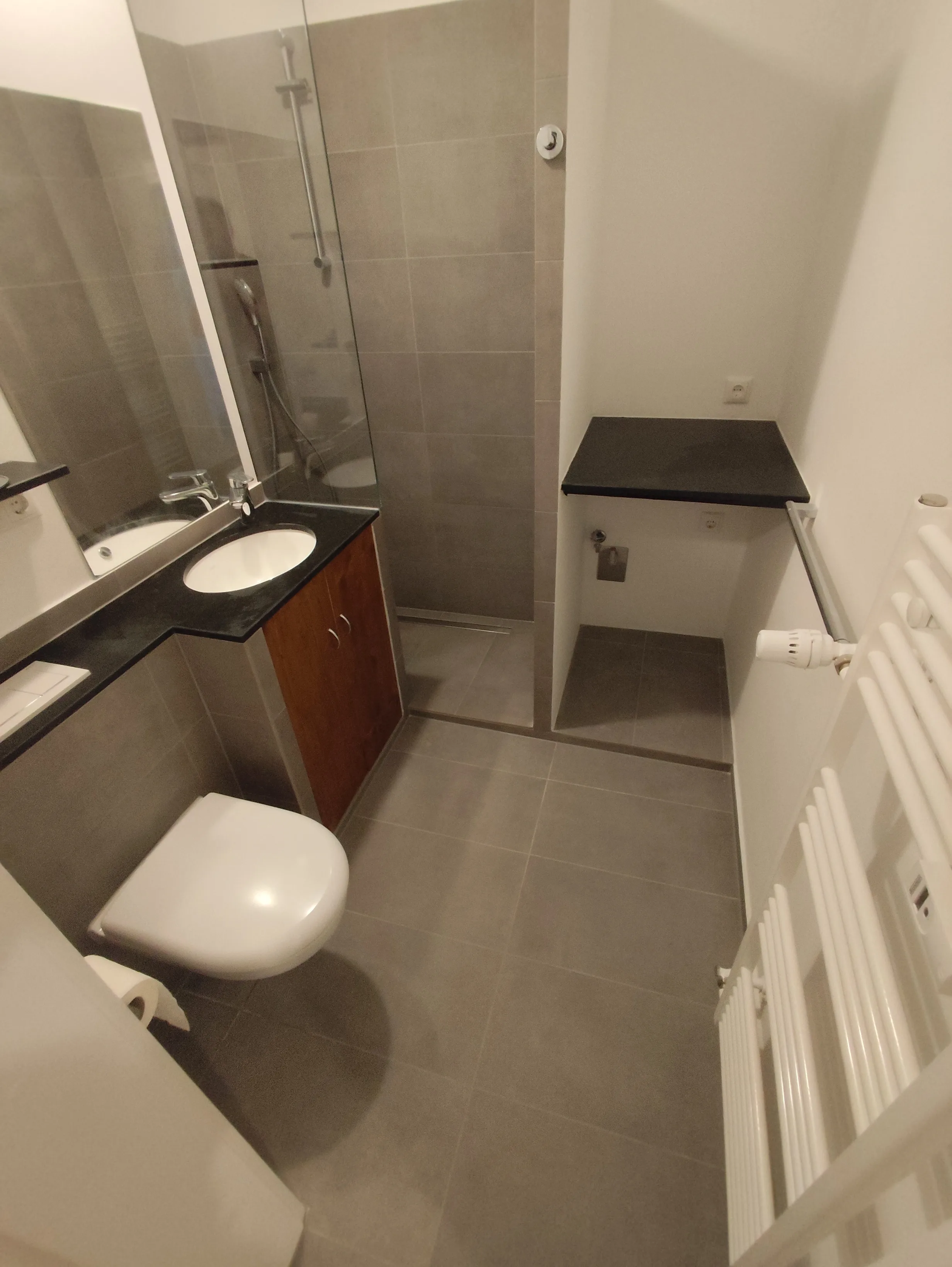 Modernes Badezimmer mit Dusche, Wandfliesen und eleganten Bodenfliesen