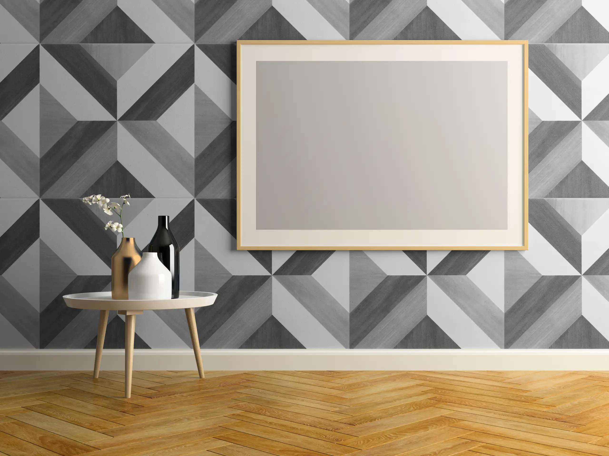 Moderne Wandgestaltung mit geometrischen Fliesen und eleganter Dekoration